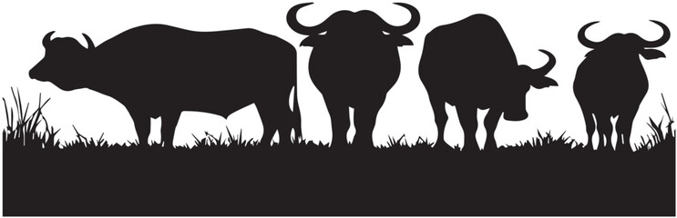 Silhouette Group of Wild Buffalo vector illustration isolated on a white background, on a white background