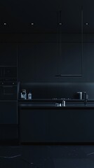 Obraz premium Modern dark kitchen with sleek design elements.