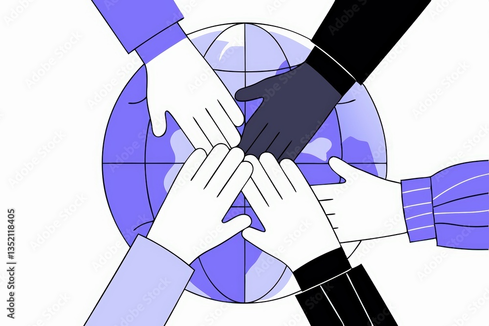 Poster a group of diverse hands reaches towards a stylized globe, symbolizing unity and global collaboratio