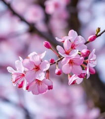Obraz premium Delicate pink and white sakura blossoms on a branch against a blurred background, botanical, petal, pink flowers