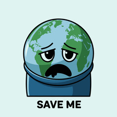 Obraz premium Distressed Earth Globe Character with Save Me Plea, Depicting Environmental Concerns and Climate Change Awareness
