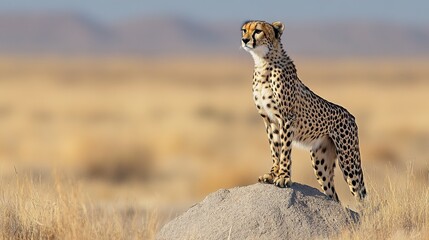 Majestic Cheetah Standing Proud on a Rock in Open Savanna Landscape