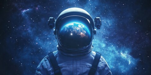 An astronaut in a space suit with planet reflection in helmet