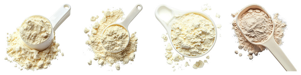 A scoop of whey protein powder isolated on transparent background. PNG , Set of