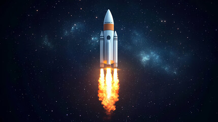 Rocket launching into space with flames and stars