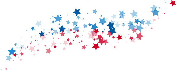 Blue and red stars confetti decoration. Horizontal flying path.  Patriotic design element. Special effect on transparent background.