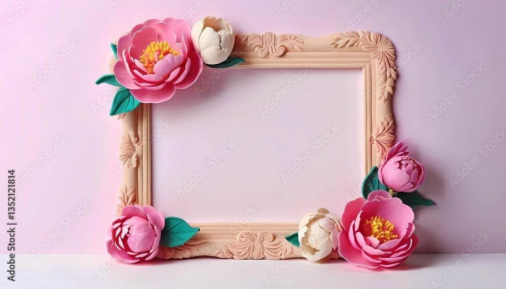 Poster a beautifully designed frame with vibrant peonies stands against a soft pink and beige background, c