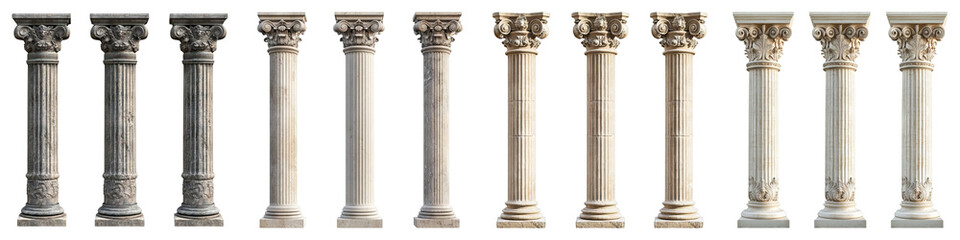 Antique column set isolated on transparent background. PNG , Set of