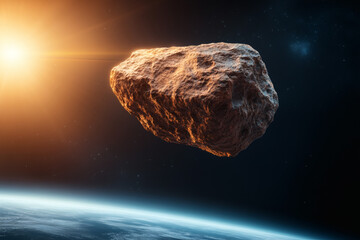 Asteroid im Sonnenlicht über der Erdatmosphäre  
