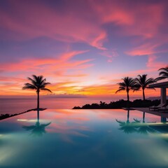 Luxury villa's infinity pool at sunset, palm trees silhouetted, night view, swimming pool, amazing