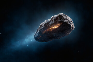 Dunkler Asteroid im Weltraum mit glühender Oberfläche 