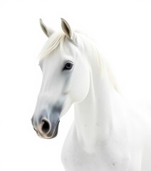 Fototapeta premium Majestic snowy white Arabian stallion, pristine white background, winter wonderland, farm, equine