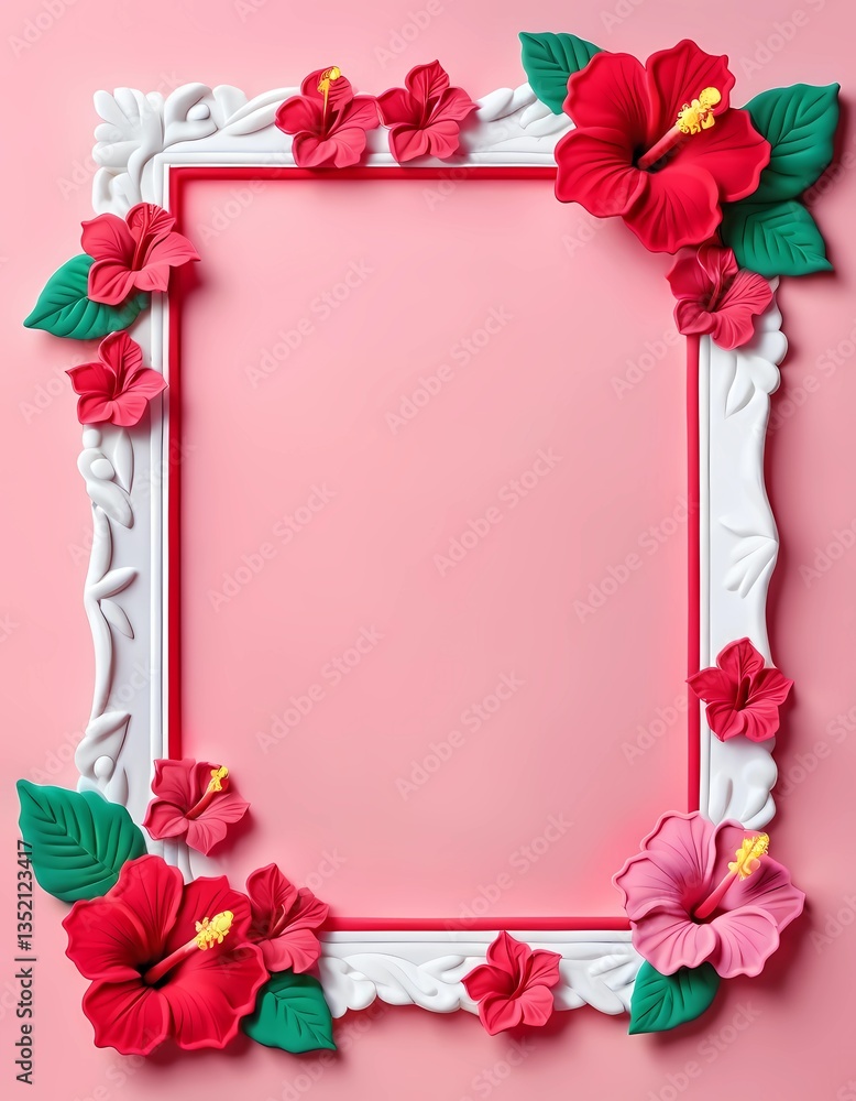 Poster delicate red and pink hibiscus flowers elegantly frame a pristine white backdrop, creating a serene 