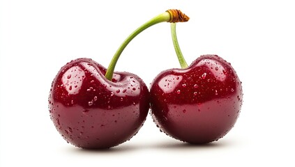 Two fresh, ripe cherries, glistening with water droplets, close-up against a white background