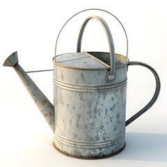 A studio-style, isolated image of a weathered, galvanized metal watering can with a brass rose, against a clean white background