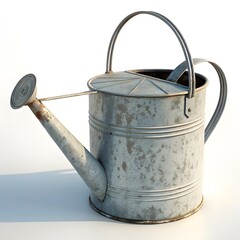 A studio-style, isolated image of a weathered, galvanized metal watering can with a brass rose, against a clean white background