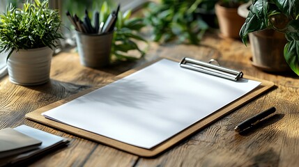 Blank clipboard on wooden desk with plants and pen.