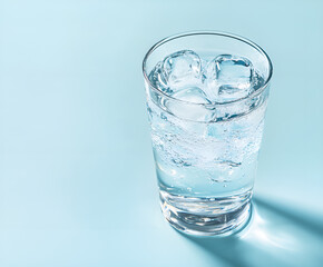 Glass of clean mineral sparkling water with ice on a light blue background