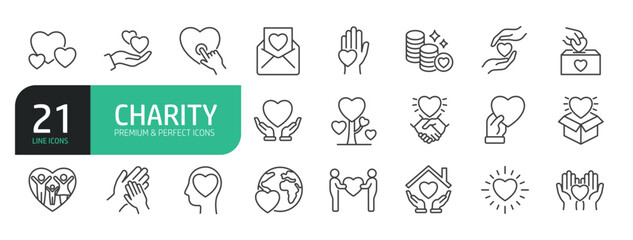 Charity line icon set. The set contains icons as Charitable Donation, Happy Family, Donation Box, Heart Shape, Volunteers, Giving, Teamwork, Relief, A Helping Hand, Fundraising.