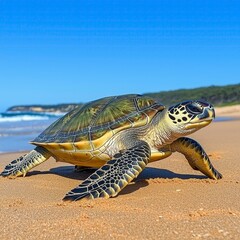 Obraz premium Green Sea Turtle Crawling on Sandy Beach Under Blue Sky