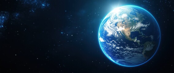 Fototapeta premium Earth in Space Surrounded by Blue Starlight and Glow for World Environment Day Concept