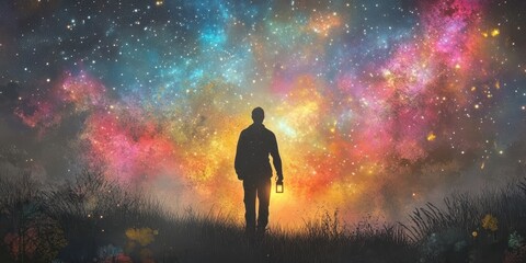 Obraz premium A solitary person holds a lantern beneath a colorful starry night