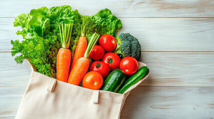 High-quality stock photo of a reusable cotton tote bag filled with fresh vegetables