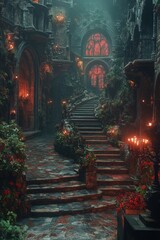 Enchanting stone staircase winds through a mystical, plant-filled, dimly lit courtyard