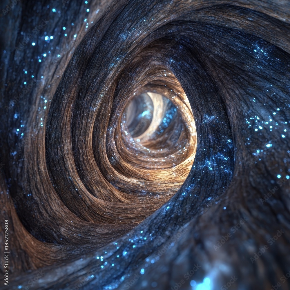 Poster an abstract swirling tunnel with illuminated particles and texture