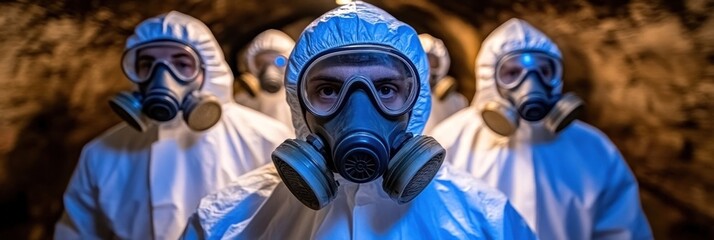 Naklejka premium Protective Personnel in Hazmat Suits and Gas Masks in a Dark Setting