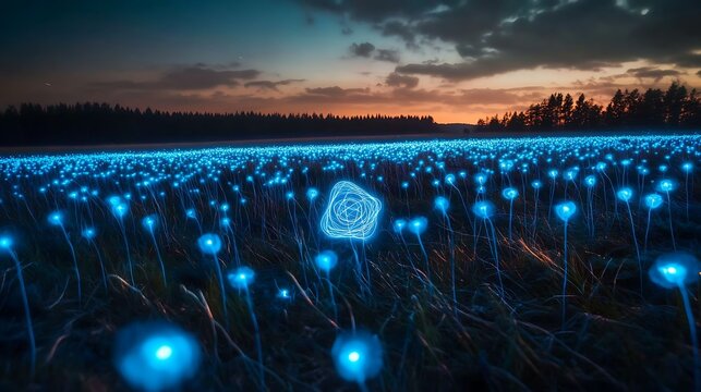 A mysterious extraterrestrial intelligence forming intricate symbols in a field of bio-luminescent fungi 