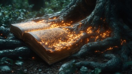 Glowing book rests at the base of an ancient tree, its pages illuminated with magical energy