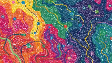 Obraz premium Abstract colorful topographic map design with swirling lines and dots.