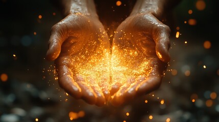Glowing embers held gently in cupped hands, dark background