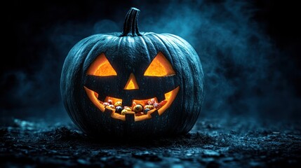 Naklejka premium Spooky Halloween Jack-o'-lantern with Treats in Dark Setting