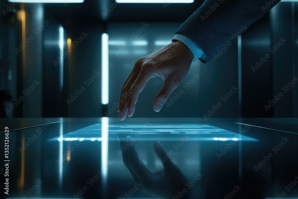 Fototapete a hand interacts with a futuristic, transparent digital interface displaying data, showcasing advanc