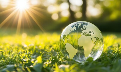 Transparent Glass Globe on Green Meadow with Sunlight in Forest for World Environment Day Concept