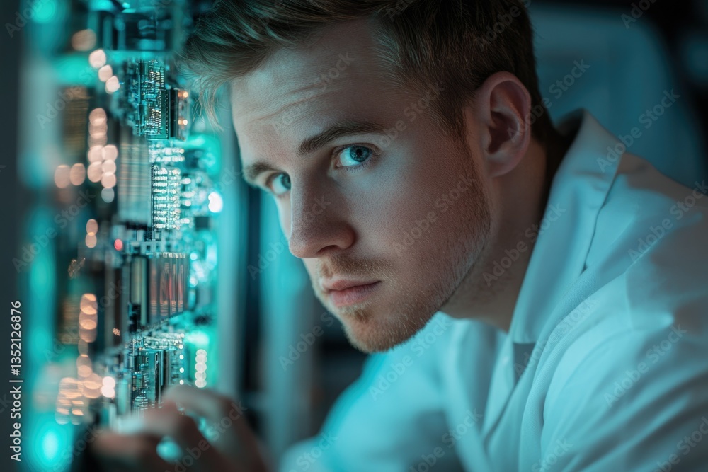 Poster a focused young engineer intently examines a complex circuit board, showcasing dedication and techno