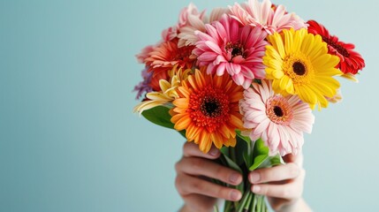 Close-up of a person's hands holding a bouquet of colorful flowers, against a plain background, symbolizing happiness and cheerfulness.