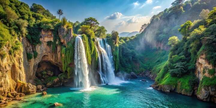 Majestic waterfall cascading into the Mediterranean Sea amidst lush greenery and towering cliffs, with a misty veil rising from the turquoise waters , verdant landscape, cliffside - Powered by Adobe