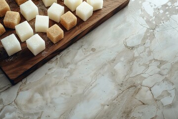 Sugar cubes: white and brown cubes on a dark wooden tray over marble background