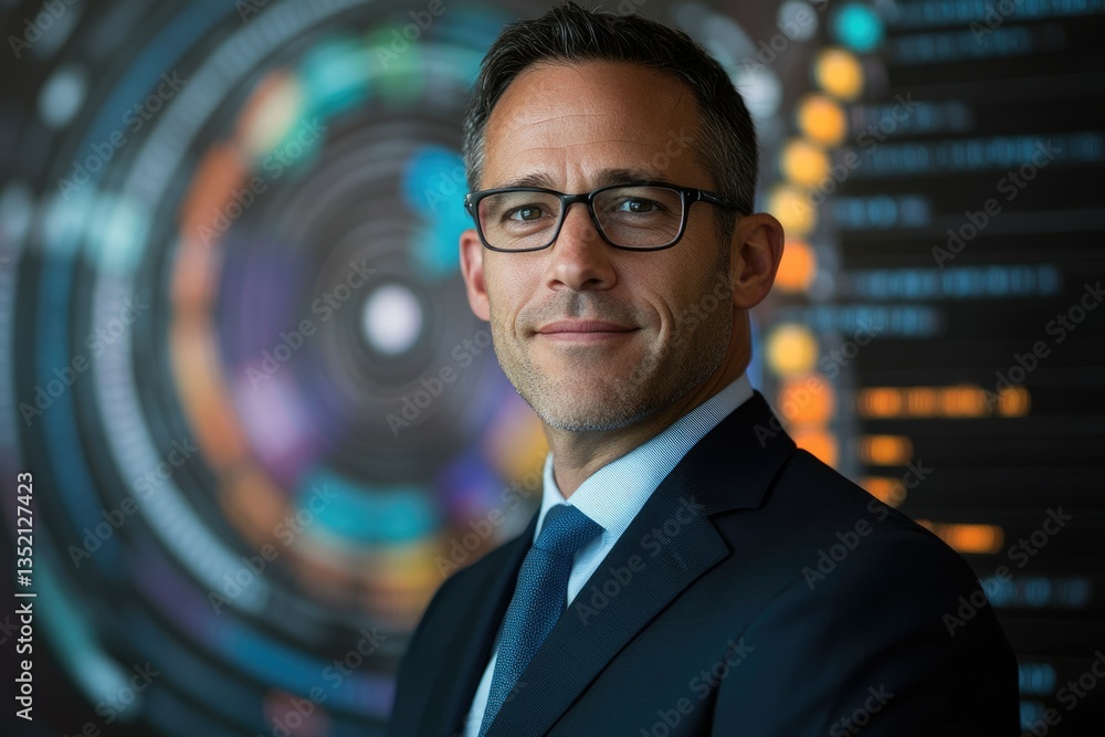 Aufkleber confident businessman in suit, smiling subtly against a blurred background of data visualizations.