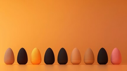 A creative arrangement of colorful eggs against a warm orange backdrop, perfect for themes like Easter, spring promotions, or culinary projects, Ideal for use in advertisements, blogs, or packaging,