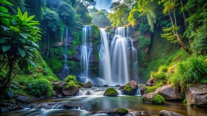 A majestic waterfall flows gently over smooth rocks, creating a soothing melody amidst the dense foliage of a serene jungle ecosystem, jungle waterfall, scenic view