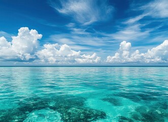 Calm Turquoise Ocean Water and Blue Sky with Clouds at Horizon