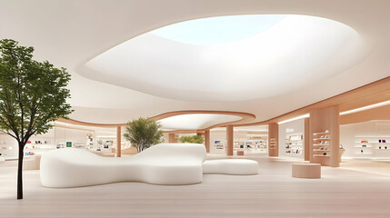 Modern retail store interior design with organic seating and skylights, showcasing products and plants