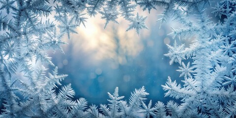 Icy frost crystal border on transparent glass windowpane surrounded by frosty snowflakes