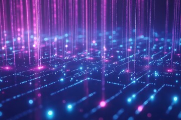 Obraz premium Abstract Digital Data Flow Neon Pink & Blue Glowing Lines & Particles Background