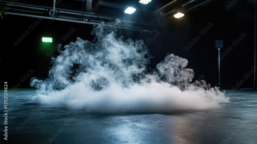 Poster mysterious fog shrouding a dark stage environment with soft lighting highlights creating an atmosphe