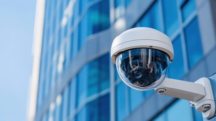 Futuristic Surveillance Camera on High-Tech Building Monitoring Urban Safety under Clear Blue Sky